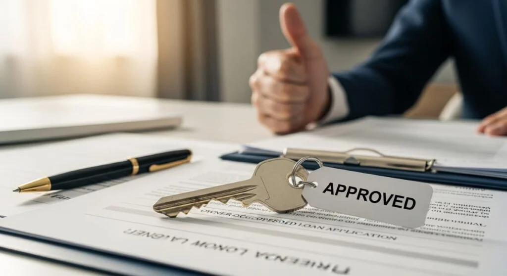 A key with an 'APPROVED' tag resting on loan documents, with a person giving a thumbs-up in the background, symbolizing a successful hard money loan approval for a primary residence.