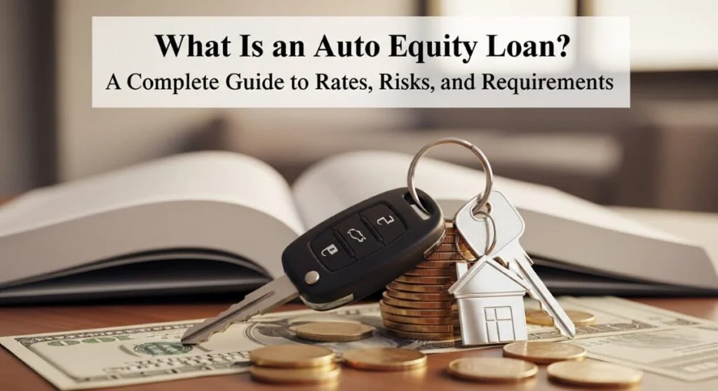 An informative banner titled 'What Is an Auto Equity Loan?' featuring a car key, a house-shaped keychain, and a stack of gold coins on top of paper currency with an open book in the background.